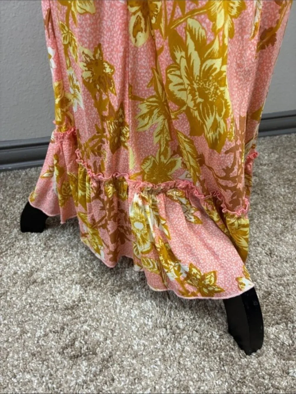 Free People Remind Me Maxi Slip Dress Floral Pink Coral Combo Ruffle S